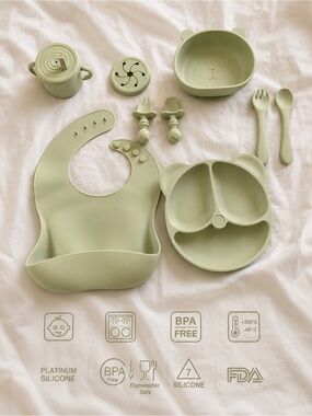 BPA-Free Silicone Baby Feeding Set in Sage Green - Gentle Mealtime Protector